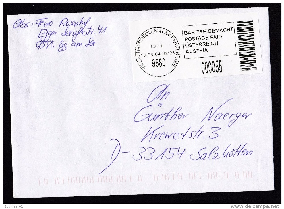 Austria: Cover Villach - Robollach Am Faaker See To Germany, 2004, ATM Machine Label (traces Of Use) - Cartas & Documentos