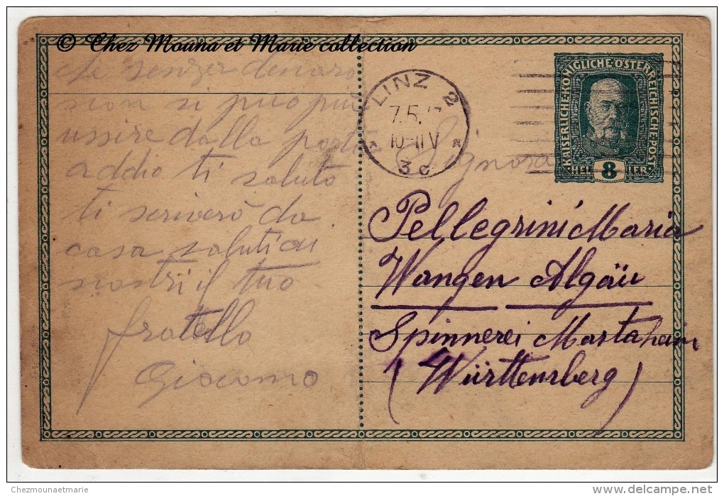 1917 - ENTIER POSTAL - AUTRICHE - LINZ WANGEN IM ALLGÄU - TYPE FRANCOIS JOSEPH 8 HELLER - Briefe U. Dokumente