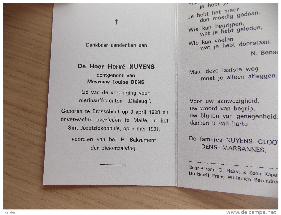 Doodsprentje Hervé Nuyens Brasschaat 9/4/1928 Malle 6/5/1991 ( Louisa Dens ) - Religión & Esoterismo