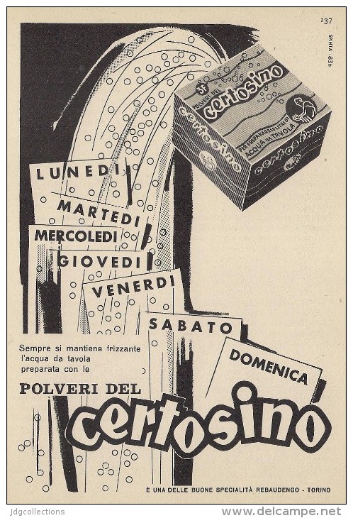 # ACQUA POLVERI DEL CERTOSINO 1950s Advert Pubblicità Publicitè Reklame Food Drink Mineral Water Eau Agua Wasser - Manifesti