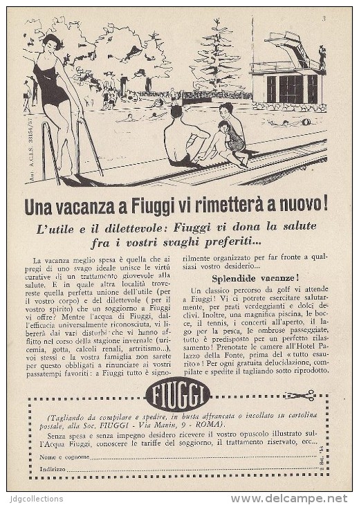 # ACQUA MINERALE FIUGGI 1950s Advert Pubblicità Publicitè Reklame Food Drink Mineral Water Eau Agua Wasser - Manifesti