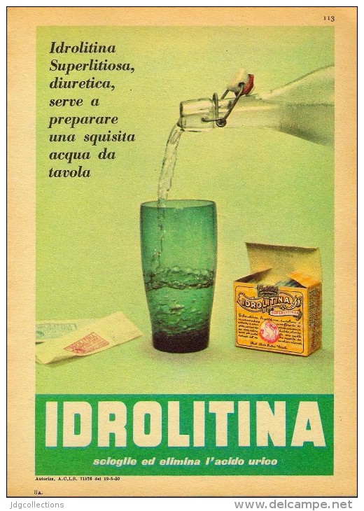 # ACQUA IDROLITINA 1950s Advert Pubblicità Publicitè Reklame Food Drink Mineral Water Eau Agua Wasser - Manifesti