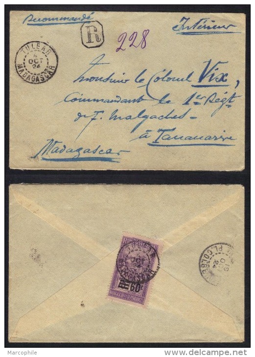 MADAGASCAR - TULEAR / 1924 LETTRE INTERIEURE RECOMMANDEE  (ref 6222bE) - Covers & Documents