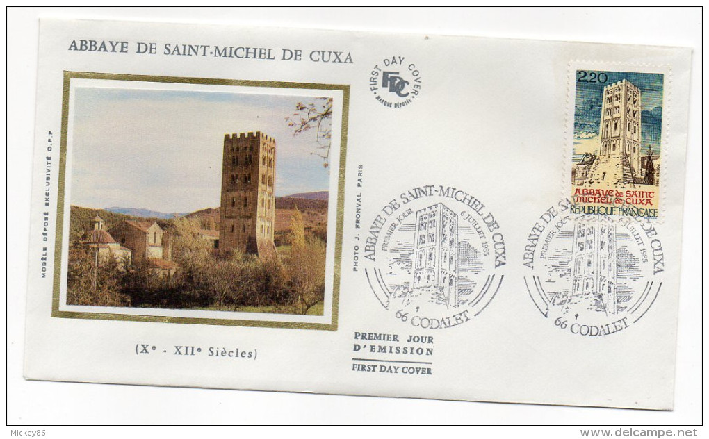 1985--enveloppe 1er Jour - FDC "Soie" --Abbaye De St MICHEL DE CUXA --cachet  CODALET--66 - 1980-1989