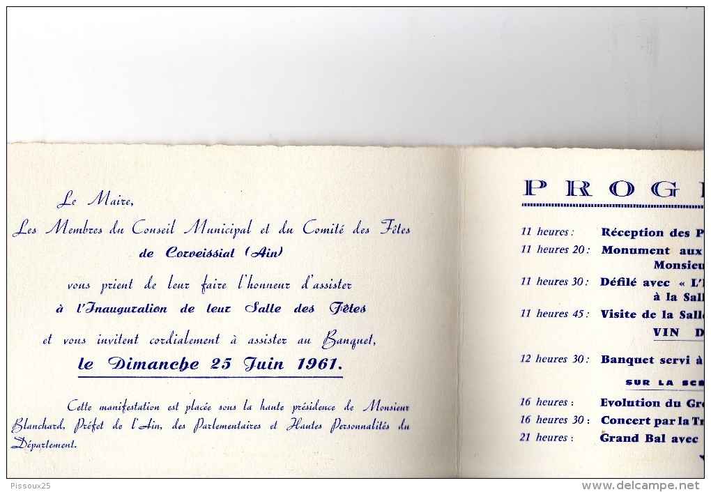 INVITATION/PROGRAMME  INAUGURATION SALLE DES FETES DE CORVEISSIAT (AIN) 25 Juin 1961 - Programas