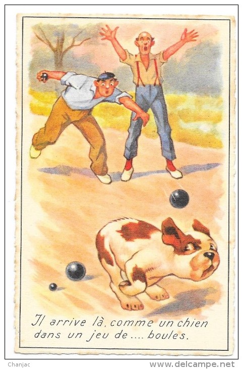 Cpsm: SPORT - HUMOUR -  Il Arrive Là Comme Un Chien Dans Un Jeu De.... Boules (Pétanque) N° 110 - Jeux Régionaux