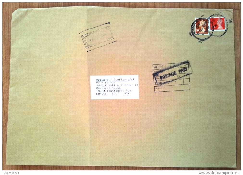 UK: Large Underpaid Cover, London North, 1998, 2 Stamps, Taxed, Due, Surcharge & Paid Mark (folded) - Covers & Documents