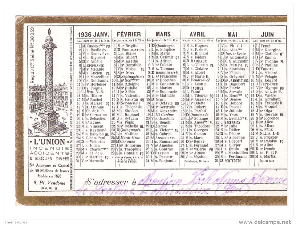 Calendrier L'UNION 1936 (PPP1163) - Petit Format : 1921-40