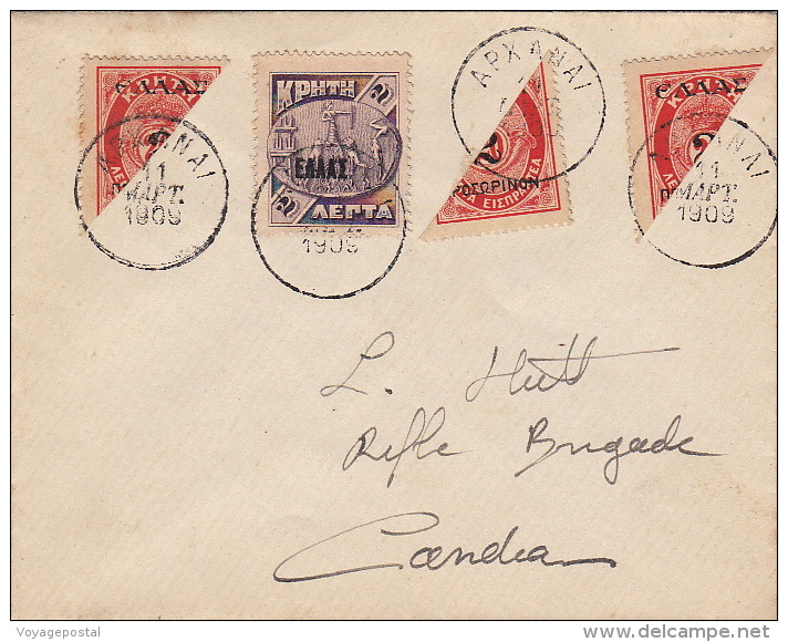 Lettre APXANAI Pour Candia, Trois Timbres Coupés 1909 - Otros & Sin Clasificación