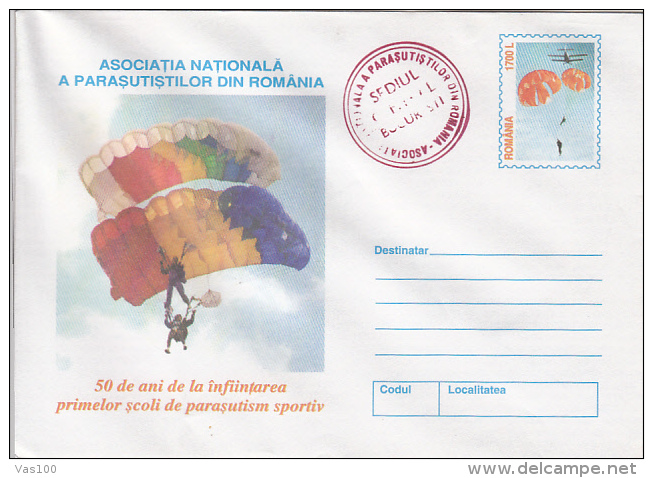 PARACHUTTING, FIRST ROMANIAN SCHOOL, COVER STATIONERY, ENTIER POSTAL, 2000, ROMANIA - Fallschirmspringen