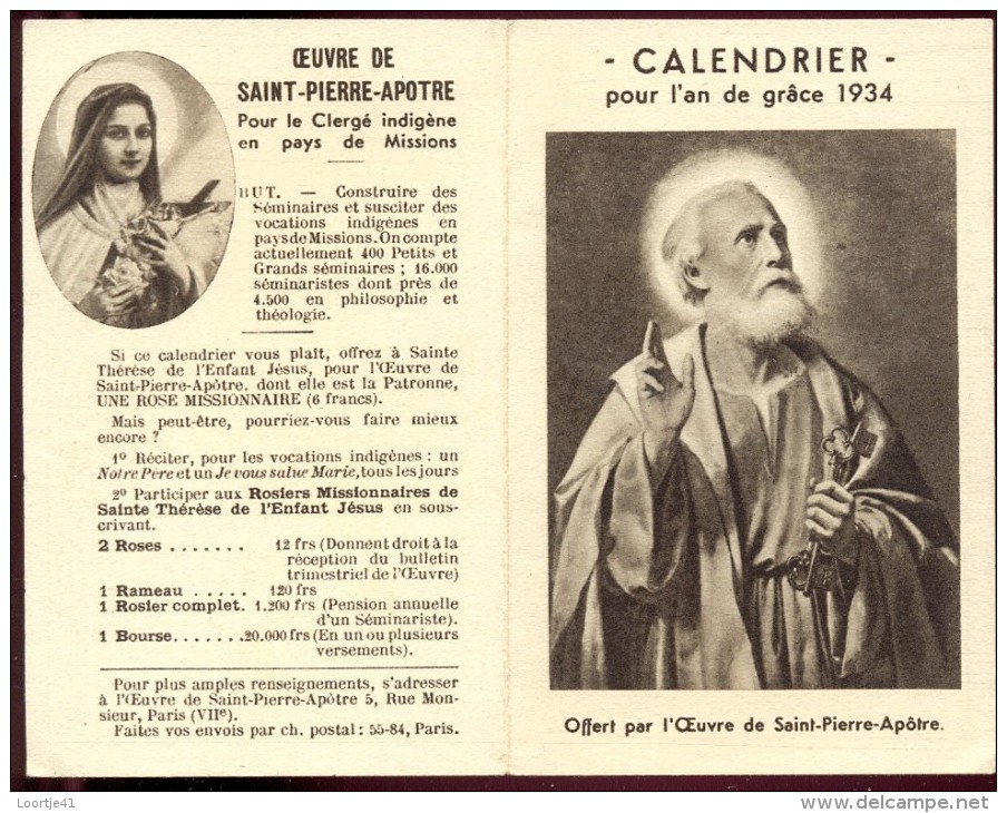 Calendrier Kalender 1934 Oeuvre De Saint Pierre - Tamaño Pequeño : 1921-40