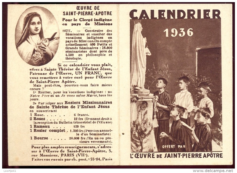 Calendrier Kalender 1936 Oeuvre De Saint Pierre - Tamaño Pequeño : 1921-40