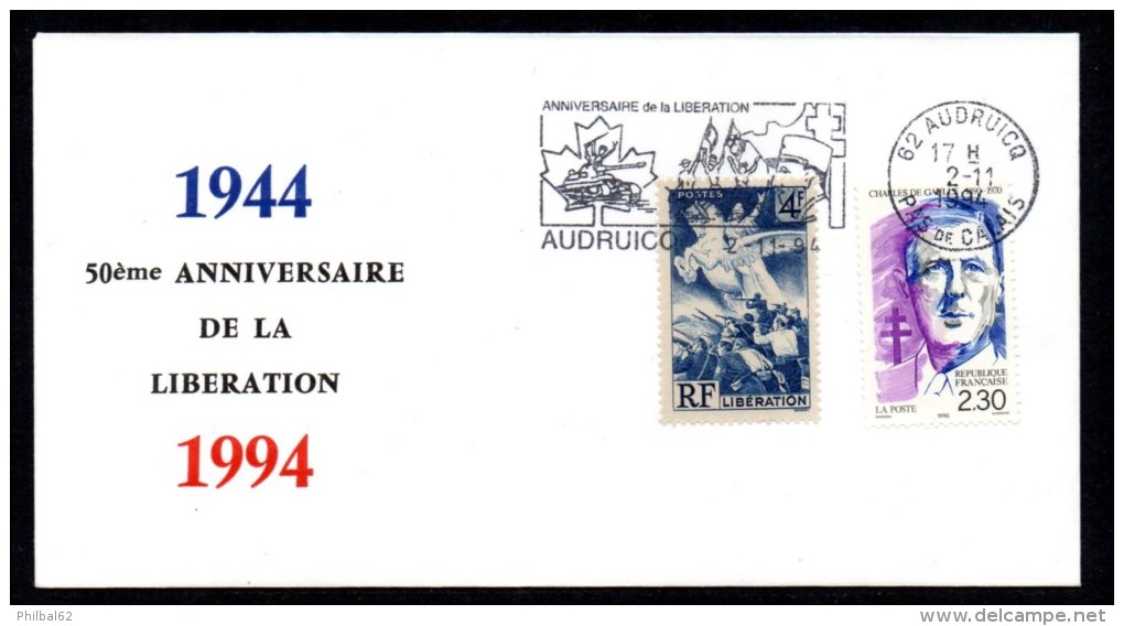 2 Plis.1944, 50ème Anniversaire De La Libération, Cachets Divers. Hautmont, Audruicq. - 2. Weltkrieg