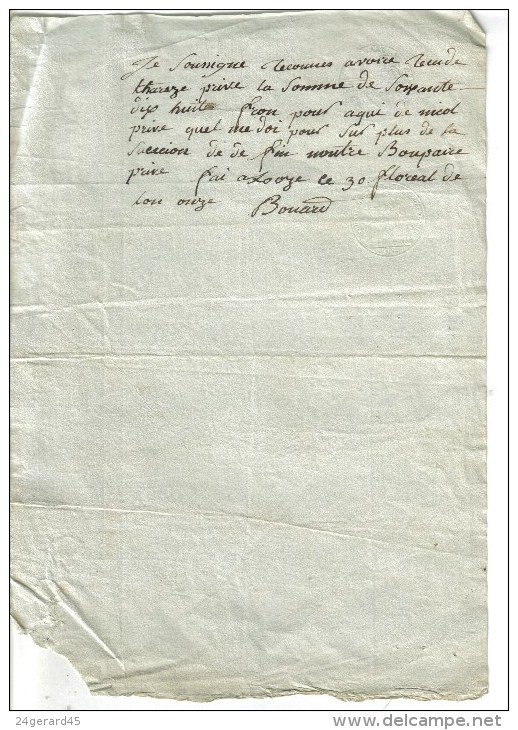 DOC. NOTARIAL 1 FEUILLE P.F CACHET REP. HUMIDE 25 CENTS + CACHET SEC 30 Floréal An 11 -  ReconnaissanceSt Cydroine Looze - Matasellos Generales