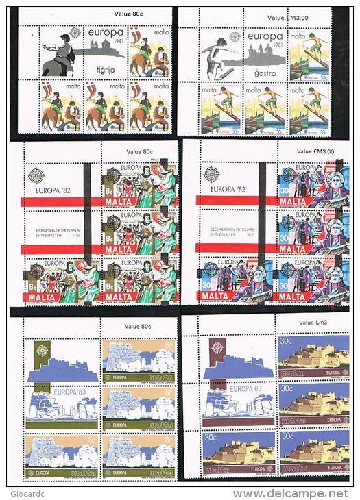 EUROPA CEPT -  1981.1982.1983   MALTA :  SERIE COMPLETE IN BLOCCHI DI 4 CON 2 BANDELLE   -  NUOVI  (MINT**) - 1981