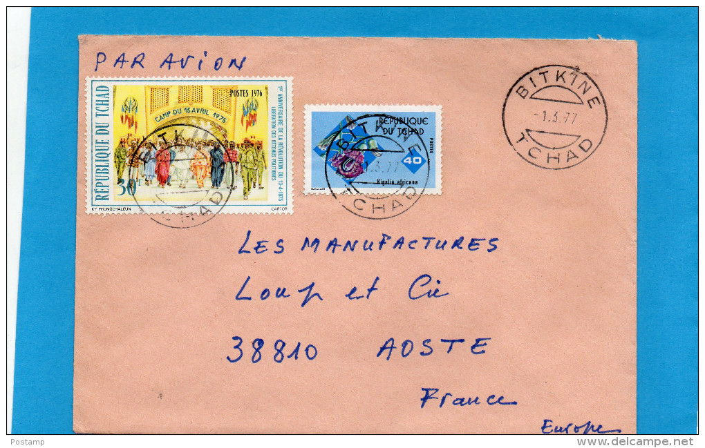 MARCOPHILIE-lettre-TCHAD--cad-BITKINE-1977-pour Françe-2  StampsN°316 Camp Du 13 Avril 1976+flower Kigelia - Tsjaad (1960-...)