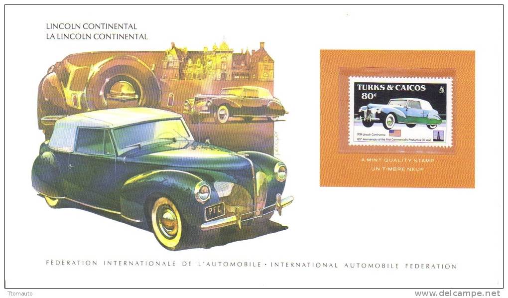 International Auto Federation Display Card With Mint Turks & Caicos Stamp - LINCOLN CONTINENTAL - Voitures