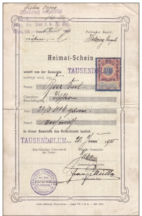 Heimatschein, Tausendblum, NÖ., 1915 - Documents Historiques