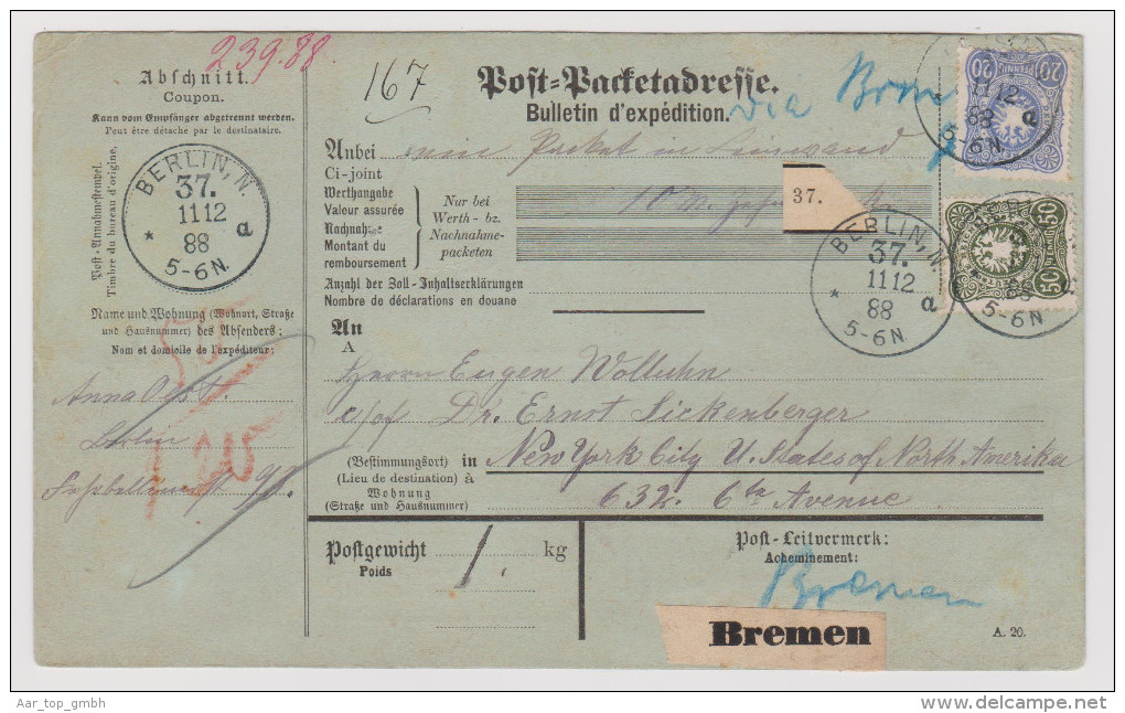 DR 1888-12-11 Berlin 37 Via Bremen Paketkarte Nach New York Mit 3x50 Pf.+20Pf. - Briefe U. Dokumente