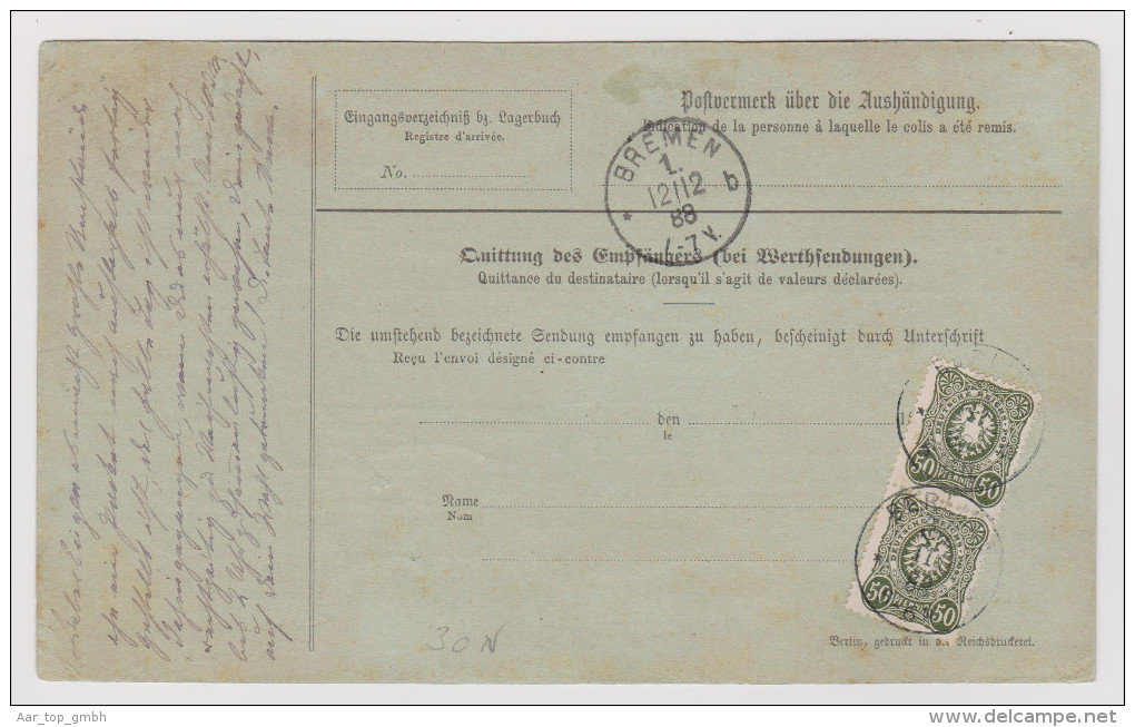 DR 1888-12-11 Berlin 37 Via Bremen Paketkarte Nach New York Mit 3x50 Pf.+20Pf. - Briefe U. Dokumente