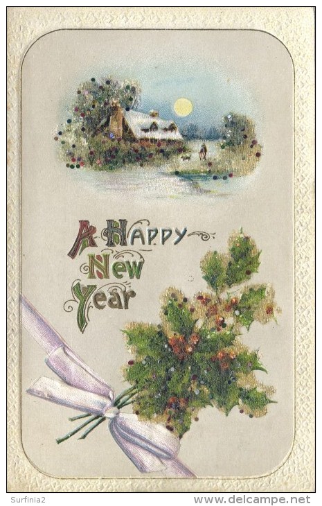 NOVELTY -  EMBOSSED HOLLY - NEW YEAR With ADDED GLITTER Nov134 - New Year