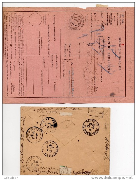1915 - ENVELOPPE RECOMMANDEE Avec AR -> REEXPEDIEE + AVIS DE RECEPTION Du GREFFIER DU TRIBUNAL CIVIL DE LA SEINE - Cartas & Documentos