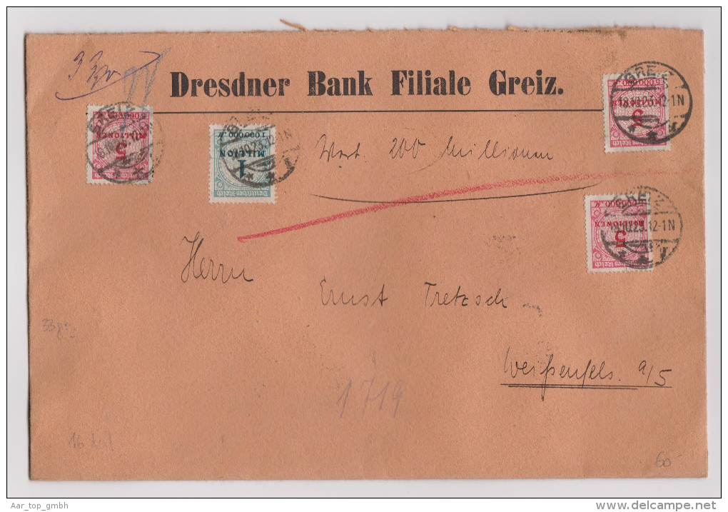 DR 1923-10-18 GREIZ Wertbrief 200 Milli. 33 Gr. Nach Weissenfels Seltenes Porto - Briefe U. Dokumente