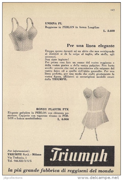 # TRIUMPH REGGISENI 1950s Advert Pubblicità Publicitè Reklame Underclothes Lingerie Ropa Intima Unterkleidung - Leibwäsche