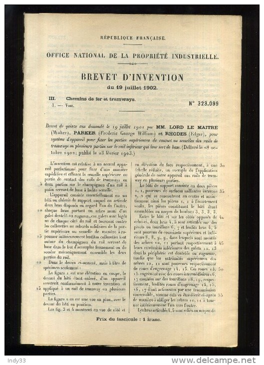 - SEMELLES DE RAILS DE TRAMWAYS . BREVET D´INVENTION DE 1902 . - Chemin De Fer