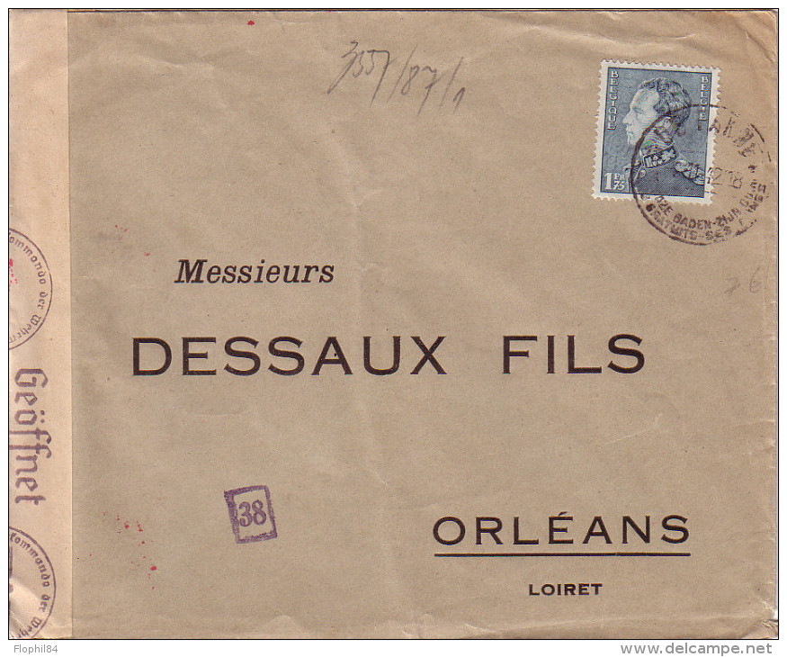 BELGIQUE - LETTRE POUR LA FRANCE LE 2-11-1942 - 1F75 SEUL SUR LETTRE - CENSURE ALLEMANDE. - Briefe U. Dokumente