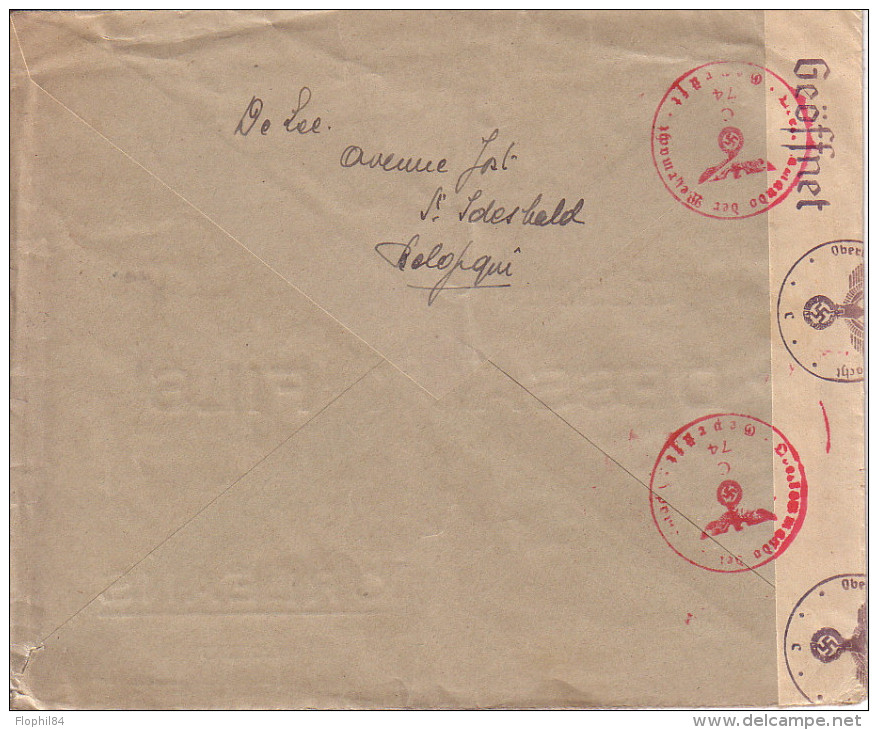 BELGIQUE - LETTRE POUR LA FRANCE LE 2-11-1942 - 1F75 SEUL SUR LETTRE - CENSURE ALLEMANDE. - Brieven En Documenten