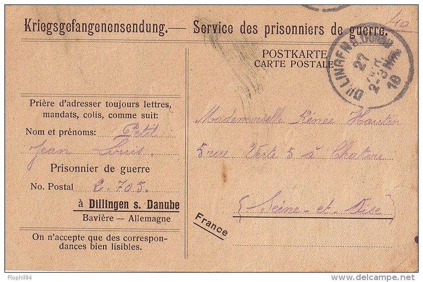 CARTE POSTALE - DE PRISONNIERS DE GUERRE - DU CAMP DE DILINGEN SUR LE DANUBE - LE 14-4-1918. - WW I