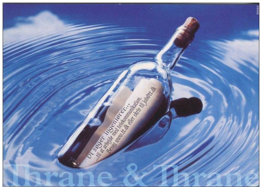 Free Card Advertising  Postcard, Thrane And Thrane (Job Opportunity For Engineers) Message In A Bottle, 38 - Publicité