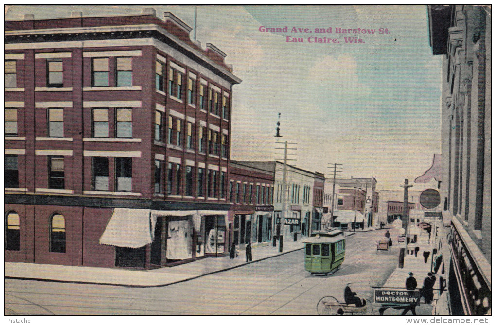 Eau Claire Wisconsin - Grand Avenue & Barstow Street - Street Car Tramway Stores Animated - 2 Scans - Eau Claire