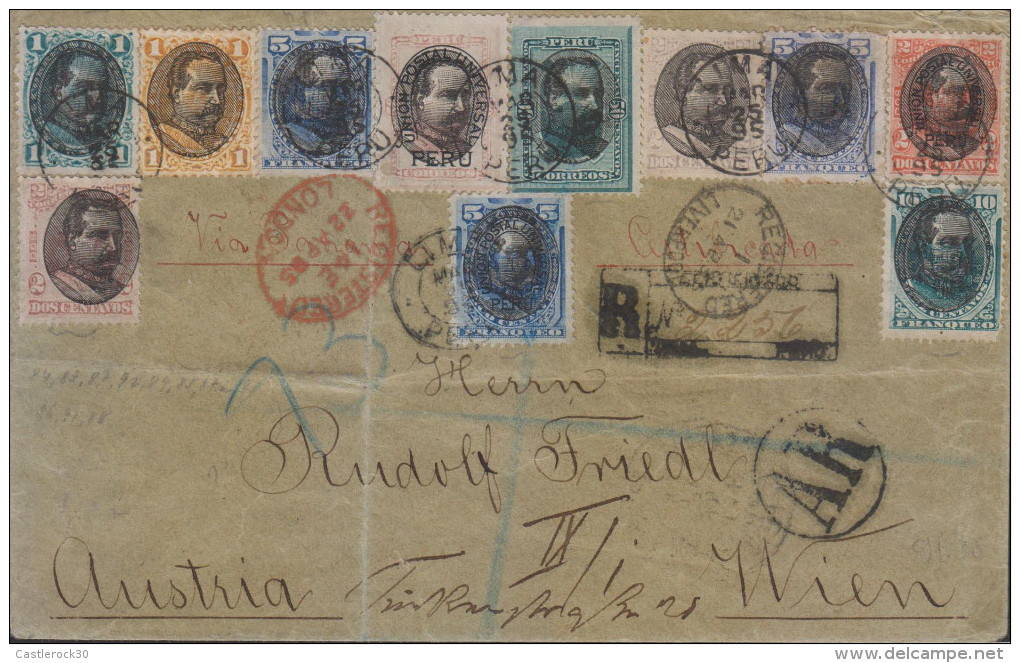 G)1895 PERU, PRES. REMIGIO MORALES BERMUDEZ, COMPLETE SET ON COVER EXCEPT SCT. 128., UPU, CIRCULATED REGISTERED & MARITI - Peru