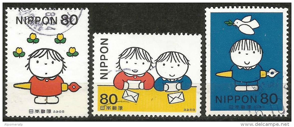 JAPAN 1998 - Mi. 2577-2579 O, Feel Yourself As Flowers | Reading A Letter Together | Feel Yourself In Heaven | Cartoons - Used Stamps