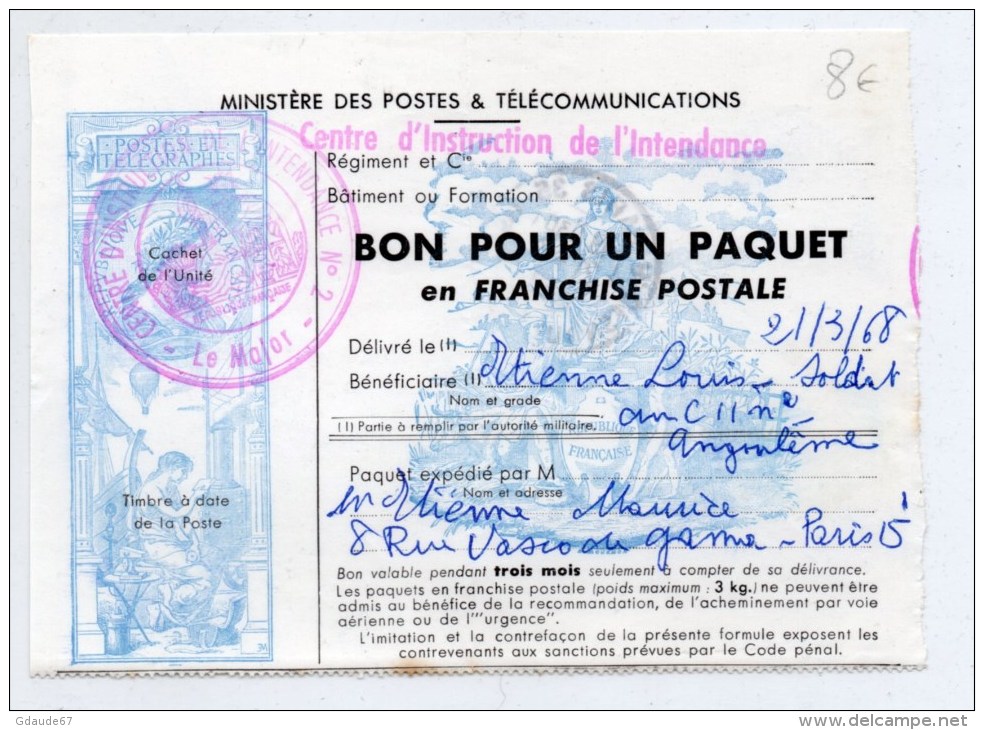 1968 - BON POUR UN PAQUET EN FRANCHISE POSTALE Du CENTRE D´INSTRUCTION DE L´INTENDANCE N°2 - Militärstempel Ab 1900 (ausser Kriegszeiten)