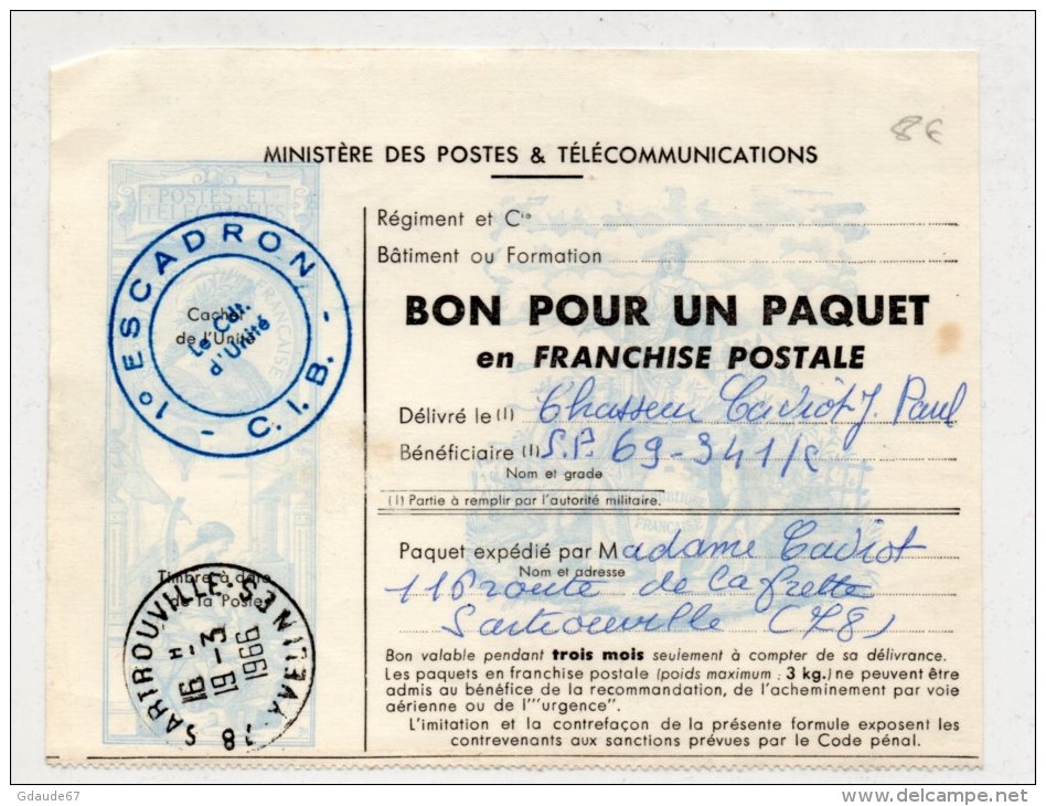 1966 - BON POUR UN PAQUET EN FRANCHISE POSTALE Du 1° ESCADRON C.I.B - Cachets Militaires A Partir De 1900 (hors Guerres)