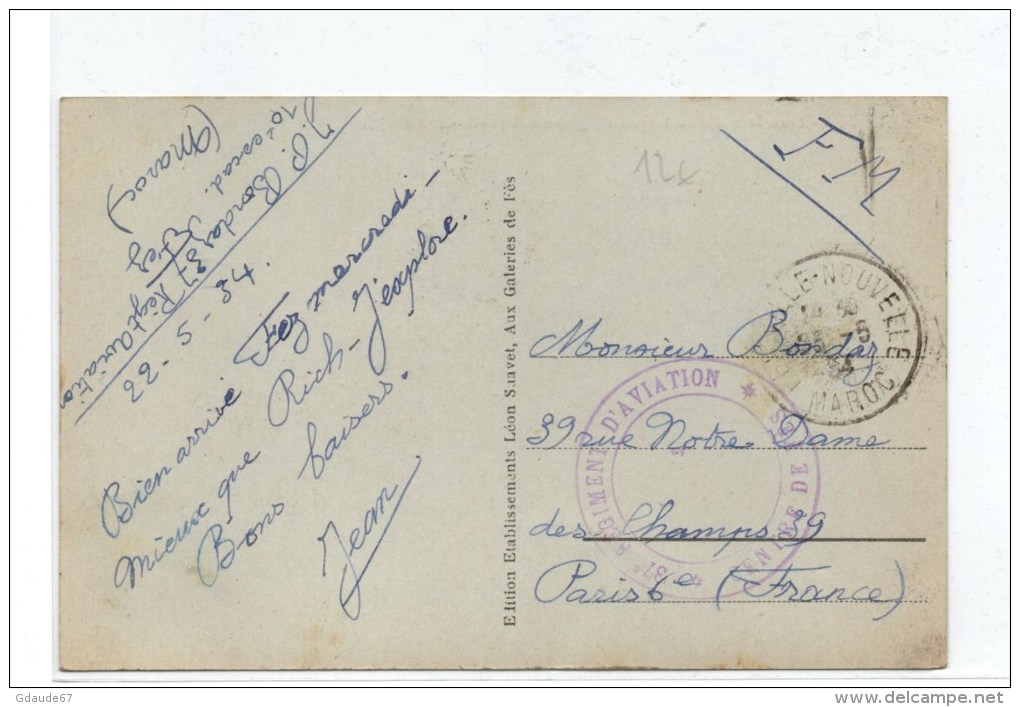 1934 - CP FM De FEZ (MAROC) Avec CACHET "37° REGIMENT D´AVIATION /CENTRE DE FES" - Military Postmarks From 1900 (out Of Wars Periods)