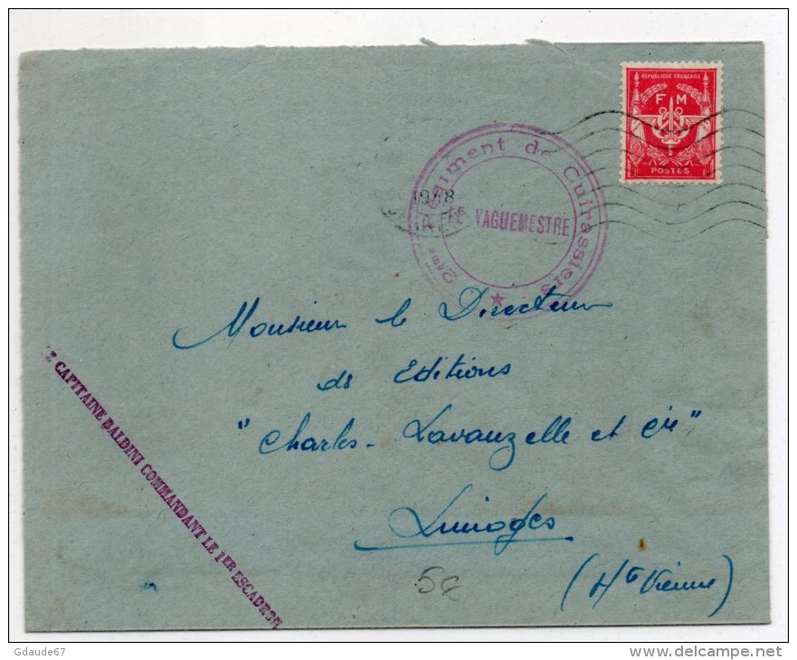 1948 - ENVELOPPE FM Du 2° REGIMENT DE CUIRASSIERS / LE CAPITAINE BALDINI COMMANDANT LE 1° ESCADRON - Militaire Stempels Vanaf 1900 (buiten De Oorlog)