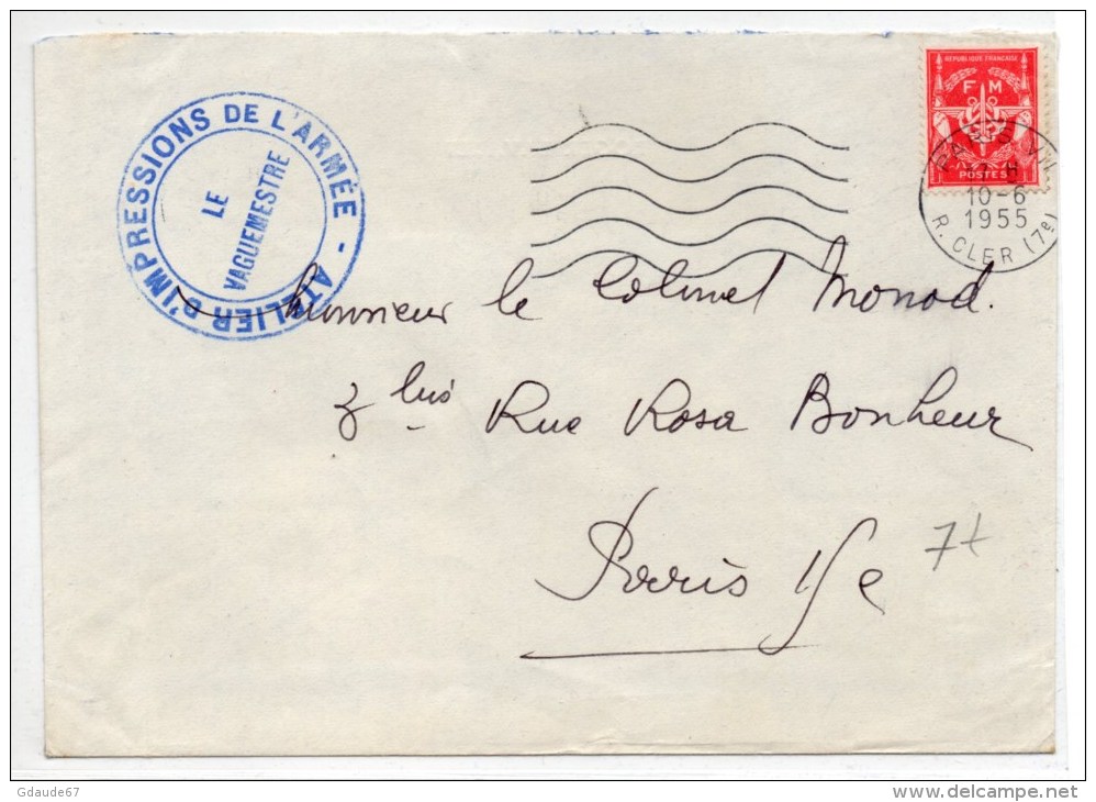 1955 - ENVELOPPE FM De L´ATELIER D'IMPRESSIONS DE L'ARMEE - Cachets Militaires A Partir De 1900 (hors Guerres)