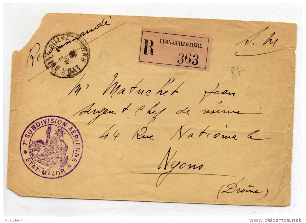 ENVELOPPE FM RECOMMANDEE De LYON Avec CACHET 7° SUBDIVISION AERIENNE - Cachets Militaires A Partir De 1900 (hors Guerres)