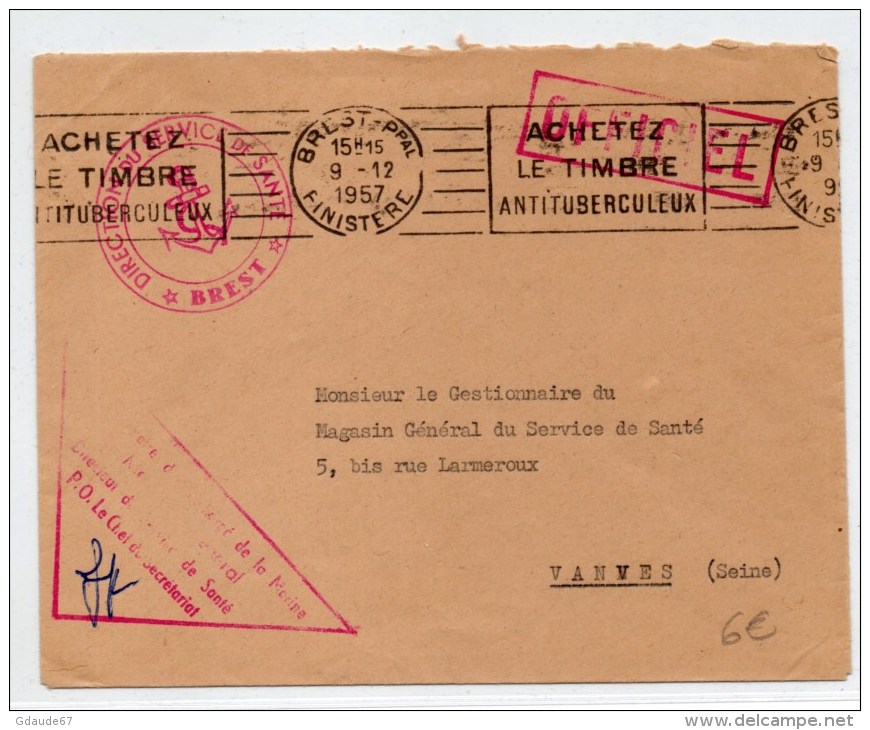 1957 - ENVELOPPE FM De BREST (FINISTERE) Avec CACHET "DIRECTION DU SERVICE DE SANTE" - Cachets Militaires A Partir De 1900 (hors Guerres)