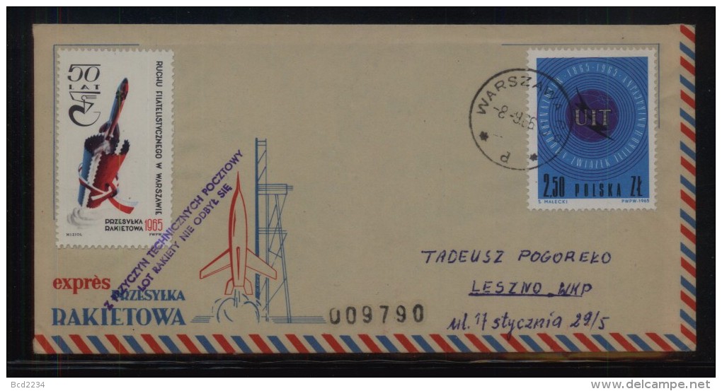 POLAND 1966 WARSZAWA ABORTED EXPERIMENTAL ROCKET FLIGHT FLOWN COVER CINDERELLA STAMPS - Rockets
