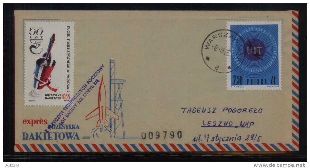 POLAND 1966 WARSZAWA ABORTED EXPERIMENTAL ROCKET FLIGHT FLOWN COVER CINDERELLA STAMPS - Razzi