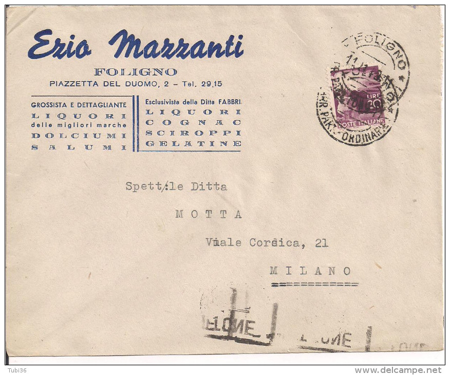 MAZZANTI EZIO, FOLIGNO, BUSTA COMMERCIALE VIAGGIATA  1949, TIMBRO POSTE FOLIGNO, MILANO TARGHETTA MOTTA - Altri & Non Classificati