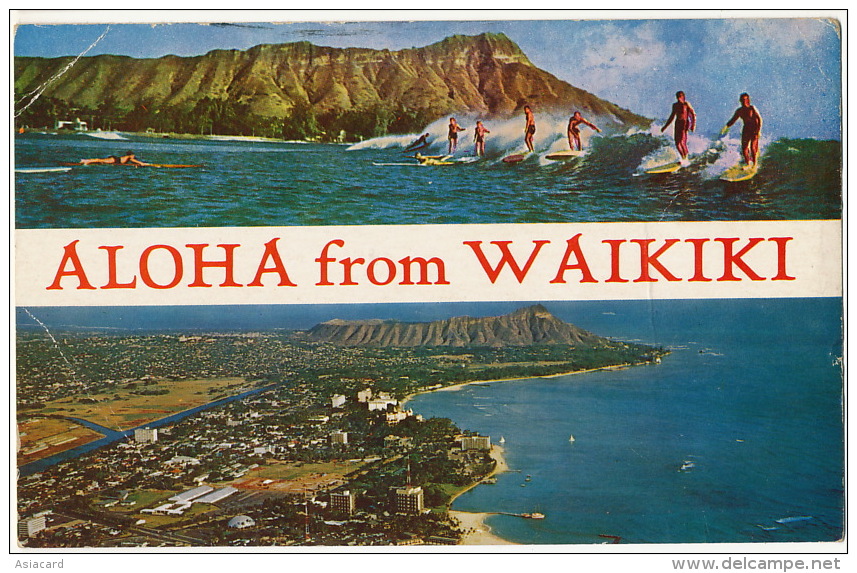 Aloha From Waikiki Surf Surfers Aerial View Used Honolulu 1964 To Prefecture De Tulle Corrèze France - Autres & Non Classés