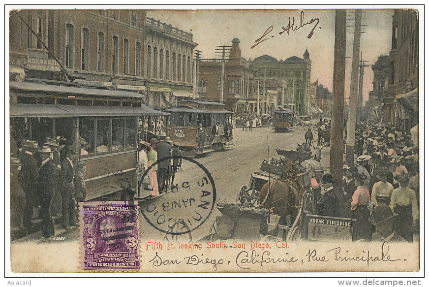 Fifth Street Looking South San Diego  Edit Rieder Used 1907  To Rue Amiral D' Abboville Cherbourg France Pub Kodak Tram - San Diego