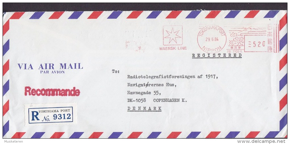 Japan Via Air Mail Par Avion Recommande Registered Label MAERSK LINE, YOKOHAMA PORT 1984 Meter Cover (2 Scans) - Airmail