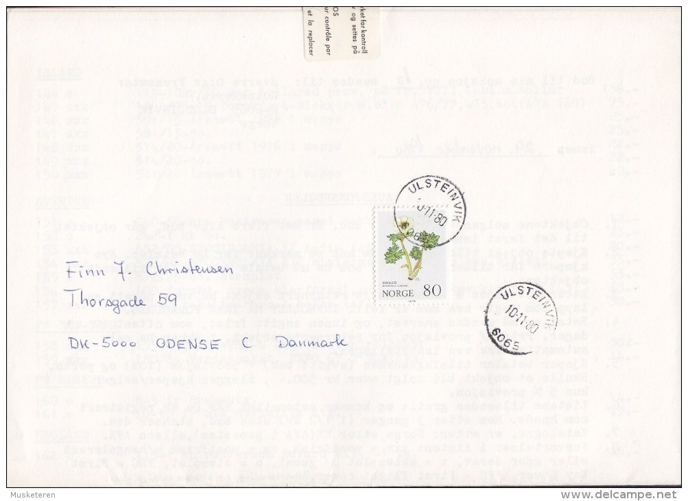 Norway ÅPEN SENDING Envoi Non Close Label ULSTEINVIK 1980 To ODENSE Denmark Flower Blume Stamp (2 Scans) - Cartas & Documentos